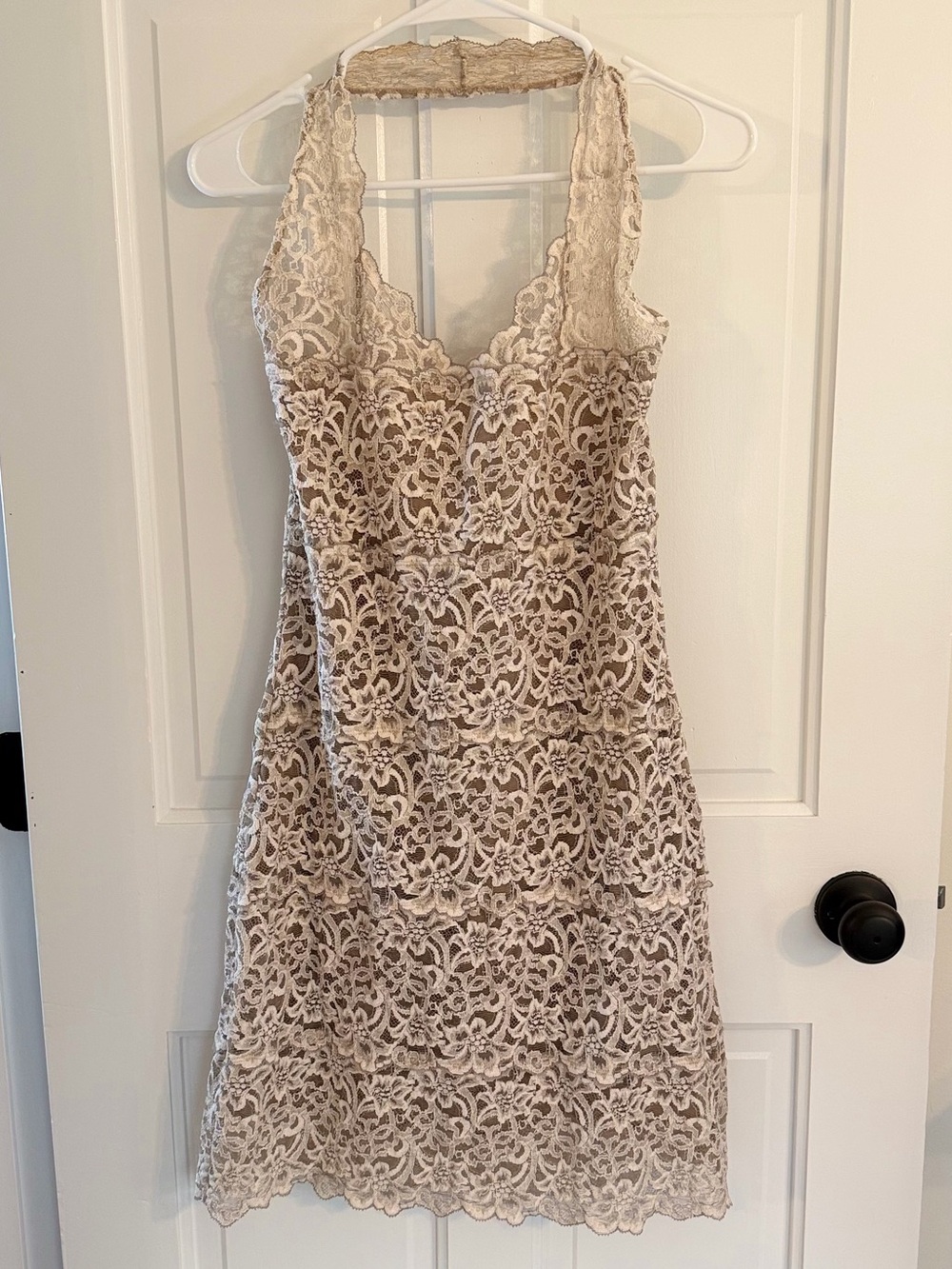 White House Black Market Lace Halter Mini Dress Tan Cream Size L Y2K